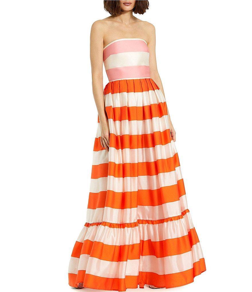 Mac Duggal Organza Stripe Print Strapless Ruffle Flounce Maxi A-Line Dress product image