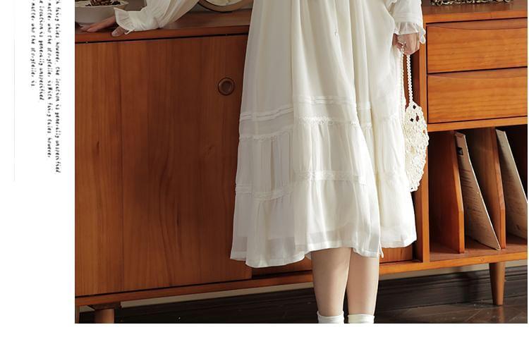 Long-Sleeve V-Neck Plain Ruffle trim Midi A-Line Dress Product Image