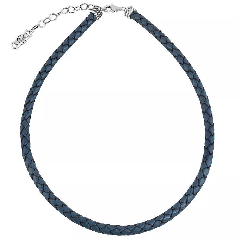 Southwest Spirit Sterling Silver and Braided White Leather Necklace, Womens Blue Product Image