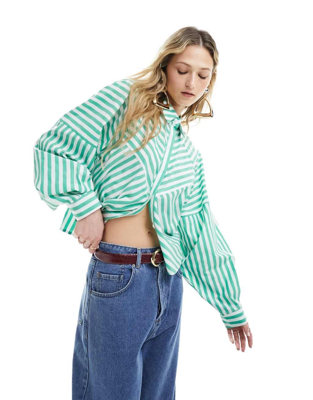 ASOS DESIGN spliced detail volume shoulder shirt in green stripe Product Image