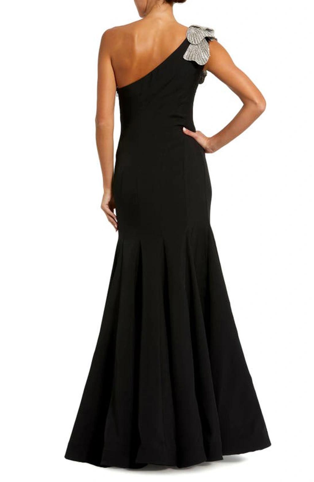 Crystal Flower One-shoulder Trumpet Gown In Black Product Image