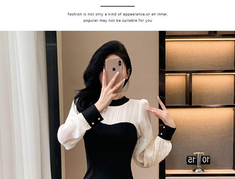 Long-Sleeve Mock Neck Two Tone Midi Sheath Dress Product Image