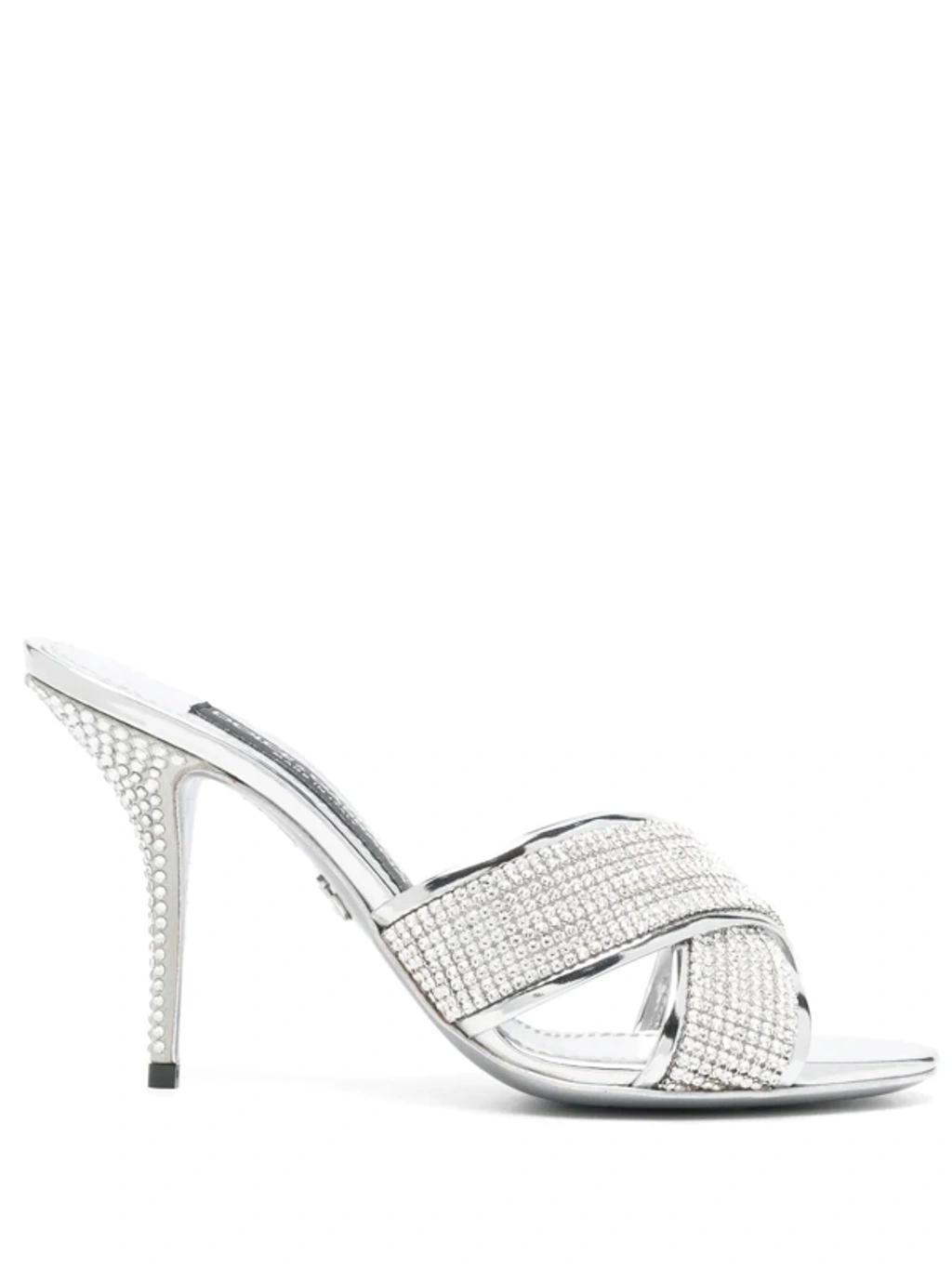 DOLCE & GABBANA Keira Crystal-embellished Leather Mules In Silver Product Image