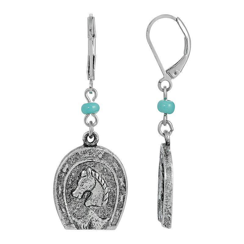 1928 Silver Tone Simulated Turquoise Horseshoe Earrings, Womens Product Image