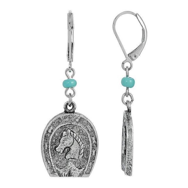 1928 Silver Tone Simulated Turquoise Horseshoe Earrings, Womens Product Image