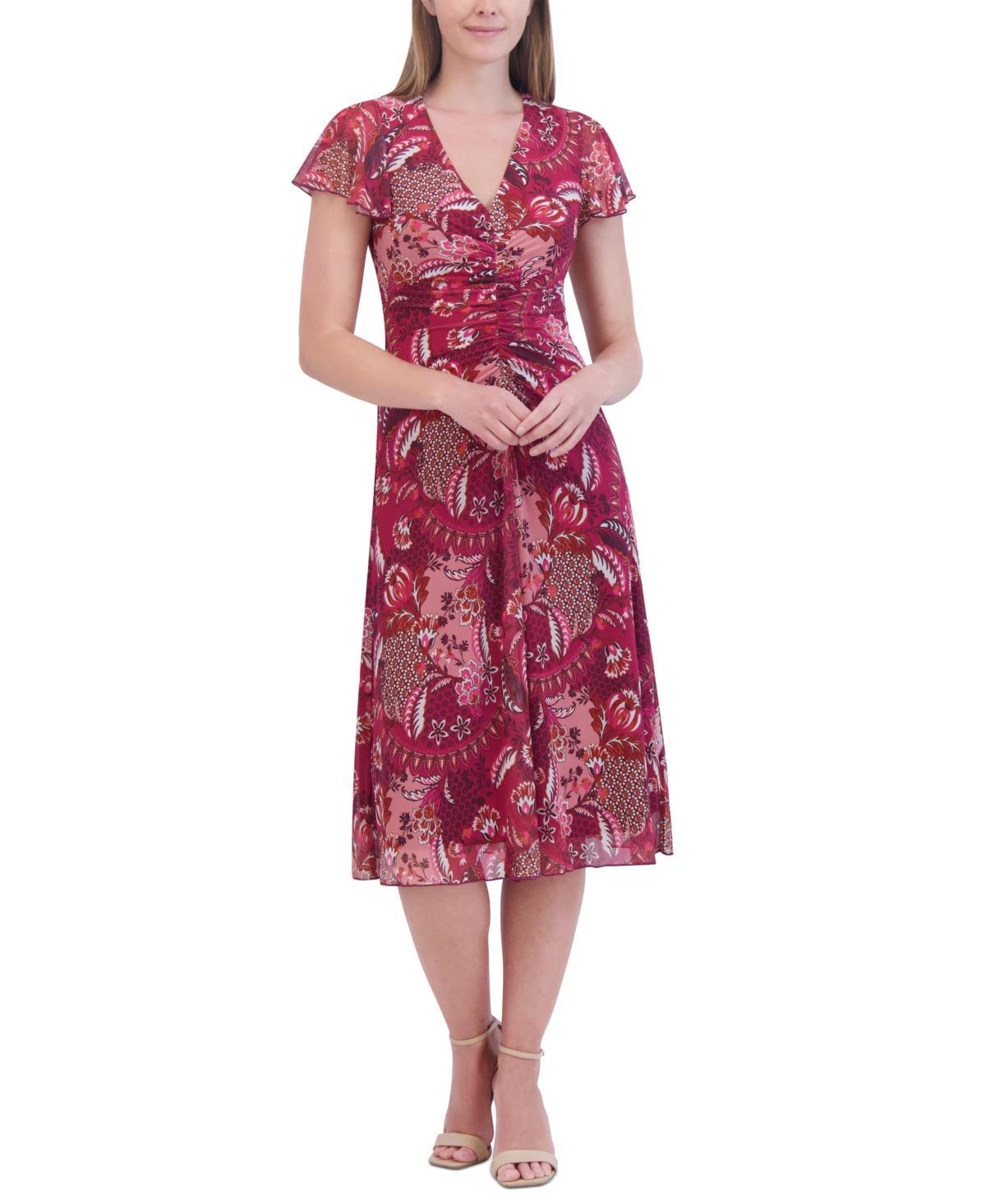 Jessica Howard Womens Printed V-Neck Ruched Midi Dress Product Image