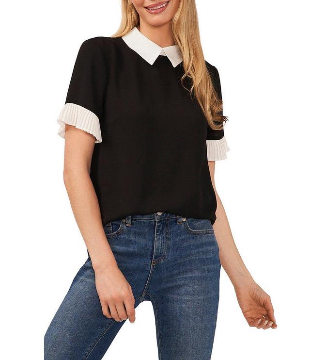 CeCe Pleat Sleeve Collared Crepe Blouse Product Image