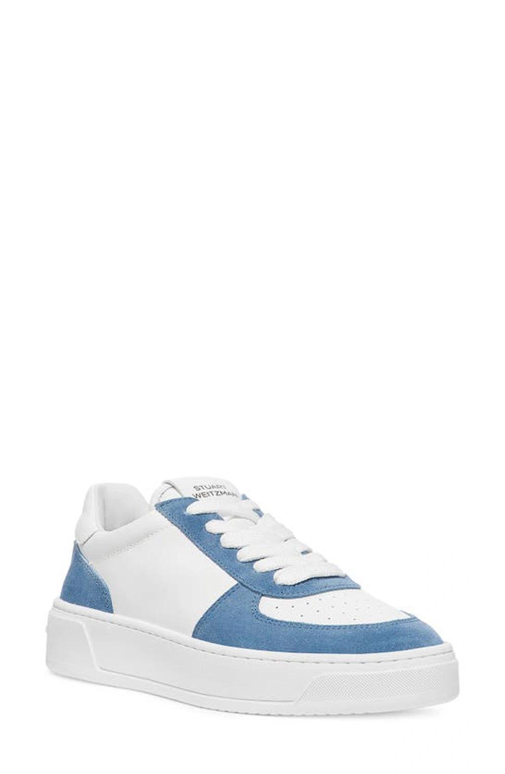 STUART WEITZMAN Mixed Leather Courtside Low-top Sneakers In White Blue Product Image