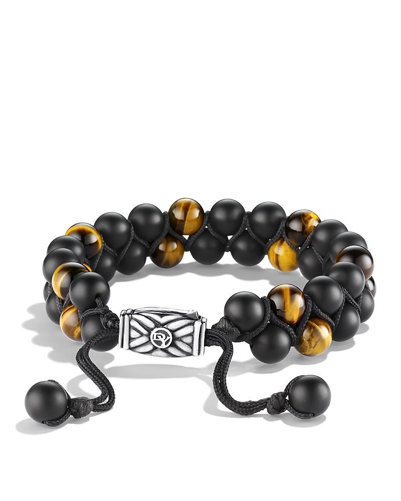 Mens Spiritual Beads Two Row Woven Bracelet in Black Onyx, Tigers Eye, Black Nylon and Sterling Silver, 8MM Product Image