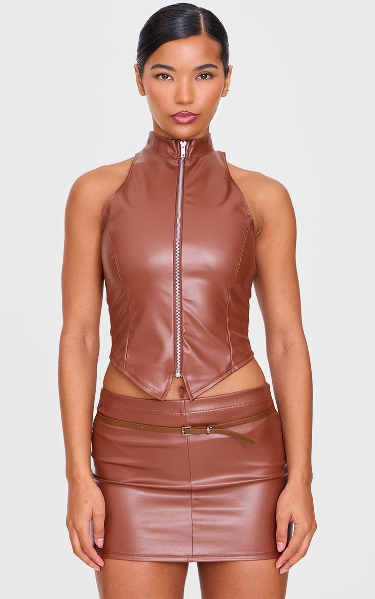 Brown Faux Leather Zip Up High Neck Top Product Image