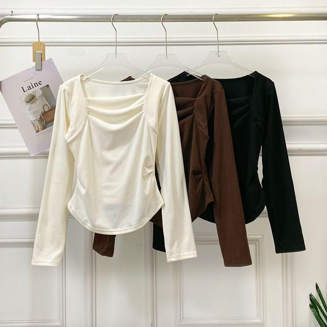 Long-Sleeve Square Neck Plain Top Product Image