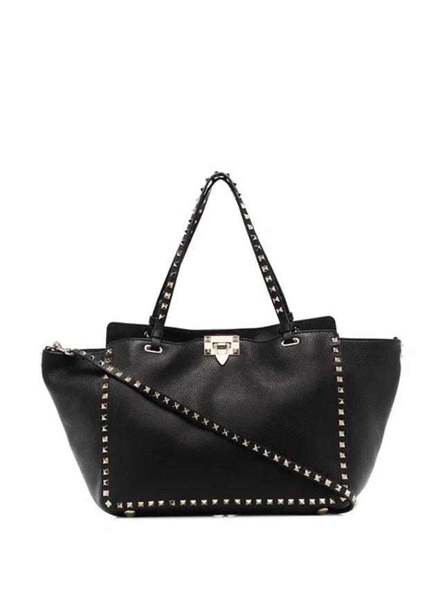 VALENTINO GARAVANI Leather Rockstud Shopping Tote In Black Product Image