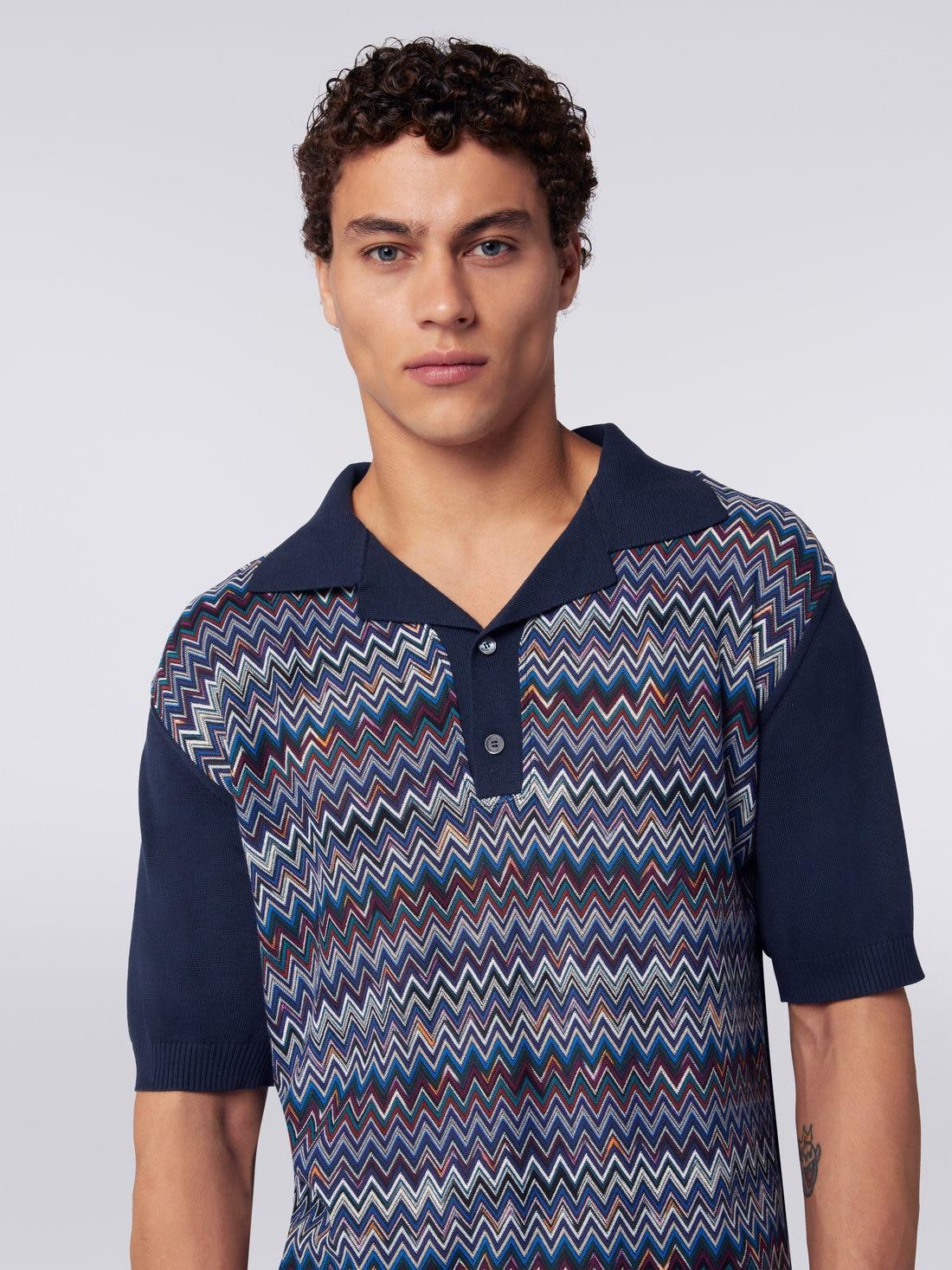 Short-sleeved polo shirt in cotton, viscose and silk chevron Navy Blue | Missoni Product Image