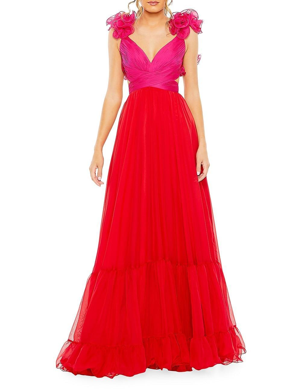 Womens Ruffled Chiffon Lace-Up Gown Product Image