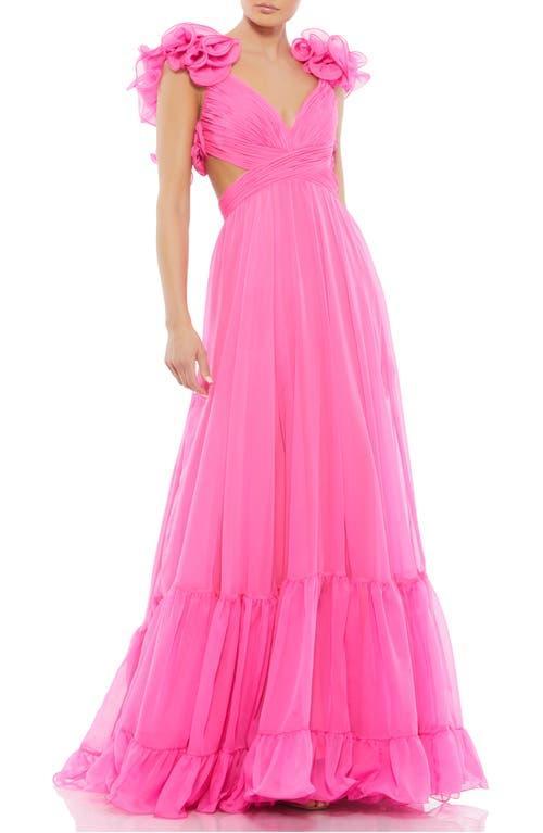 Ieena Mac Duggal Chiffon V-Neck Sleeveless Cut-Out Strappy Back Detail Tiered Ruffle Hem Gown Product Image