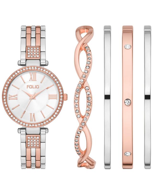 Folio Womens Silver and Rose Gold Tone Watch & Bracelet Stackable Set Clrs Product Image