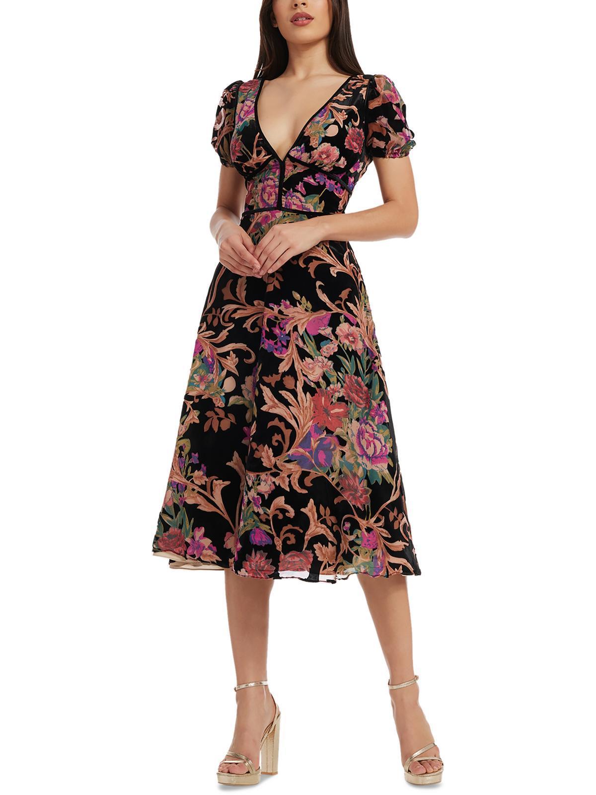 DRESS THE POPULATION Womens Velvet Floral Fit & Flare Dress In Multi Product Image