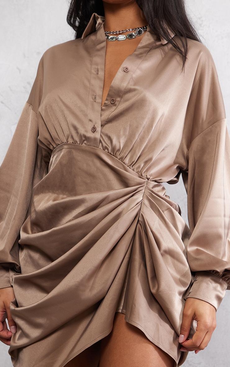 Taupe Satin Drape Skirt Oversized Sleeve Shirt Dress Product Image