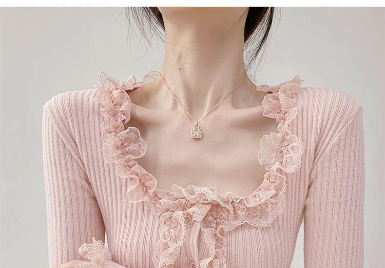 Scoop Neck Plain Lace Trim Button-Up Crop Cardigan Product Image