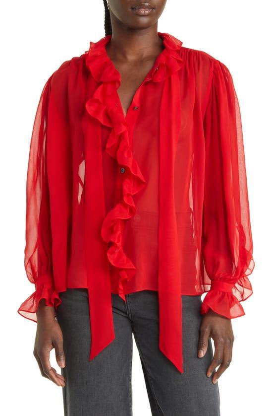 Ruffle Silk Shirt In Cherry Red Product Image