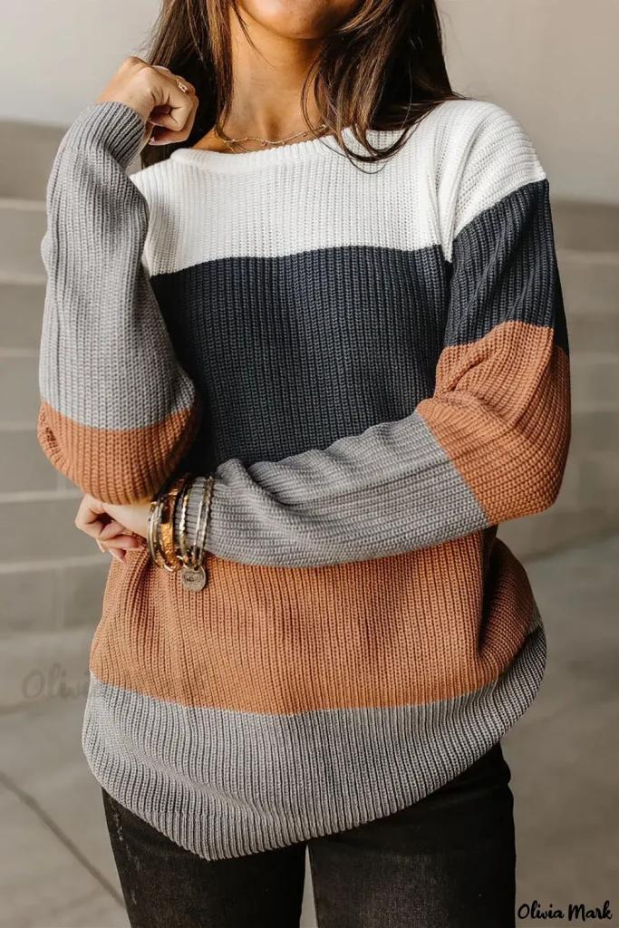 Olivia Mark – Chestnut Color Blocked Knitted O-Neck Pullover Sweater Product Image