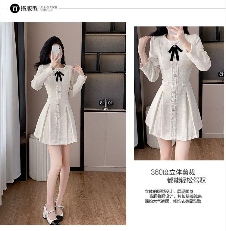 Long-Sleeve Crewneck Button-Up Mini A-Line Dress Product Image