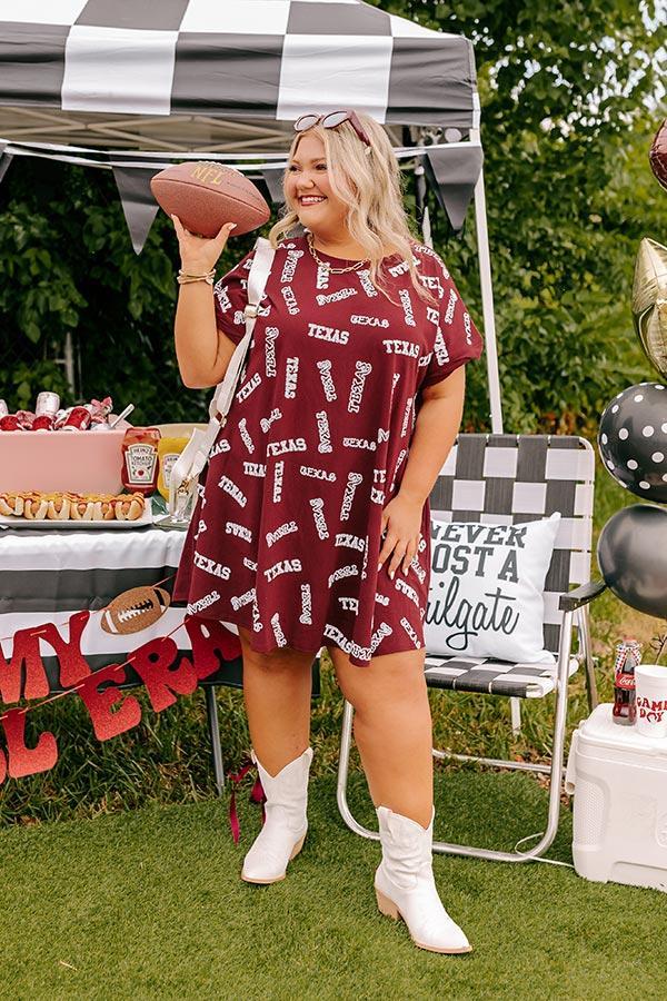 School Spirit Sequin Embroidered Mini Dress in Texas Maroon Curves Product Image