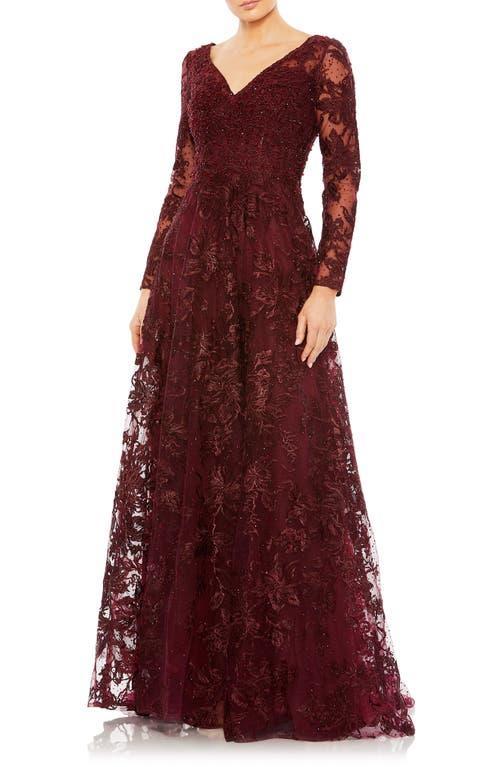 Mac Duggal Beaded Floral Embroidered Long Sleeve A-Line Gown Product Image