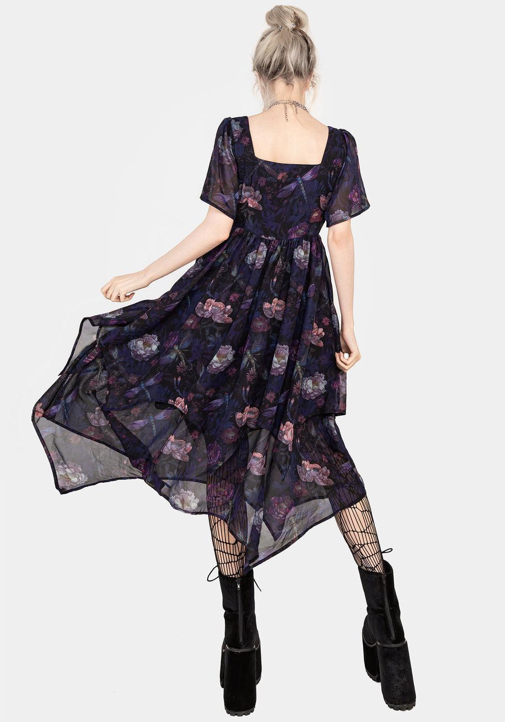 Dragonfly Floral Print Chiffon Handkerchief Hem Dress Product Image