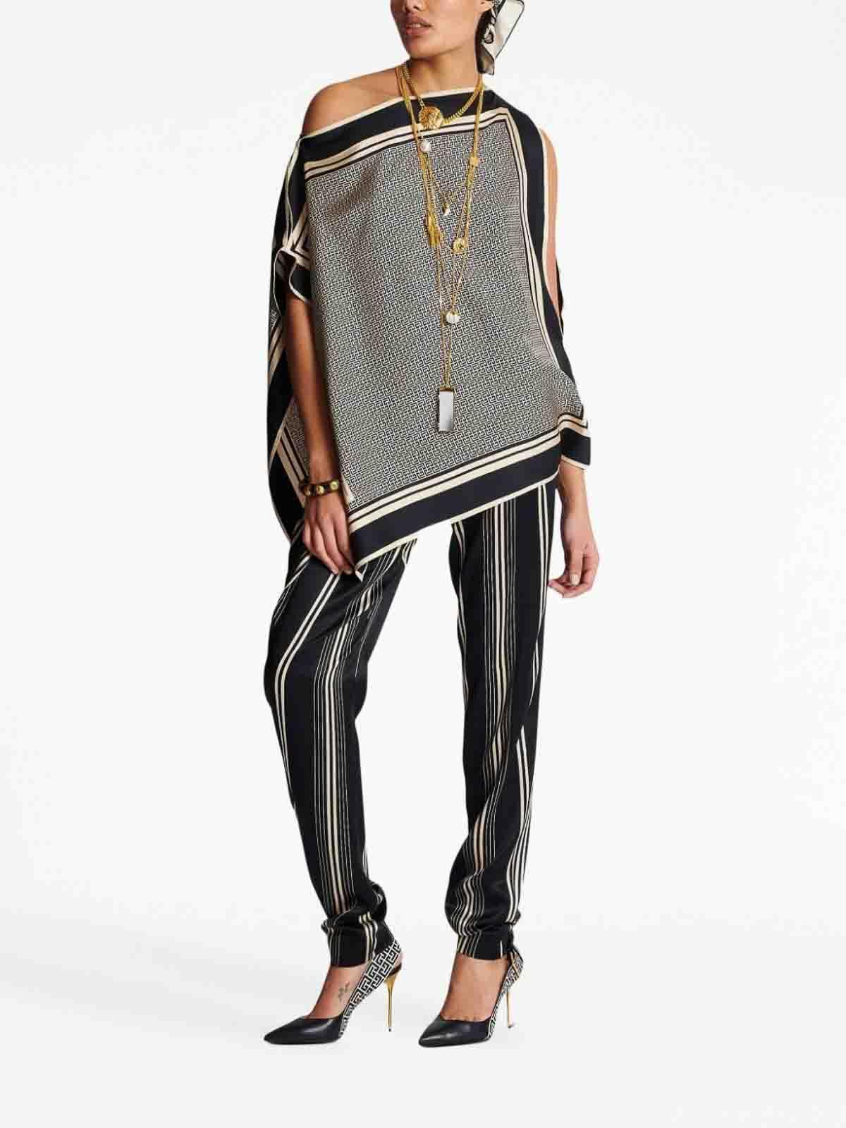 BALMAIN Asymmetric Monogram Silk Scarf Top In Ivory Black Product Image