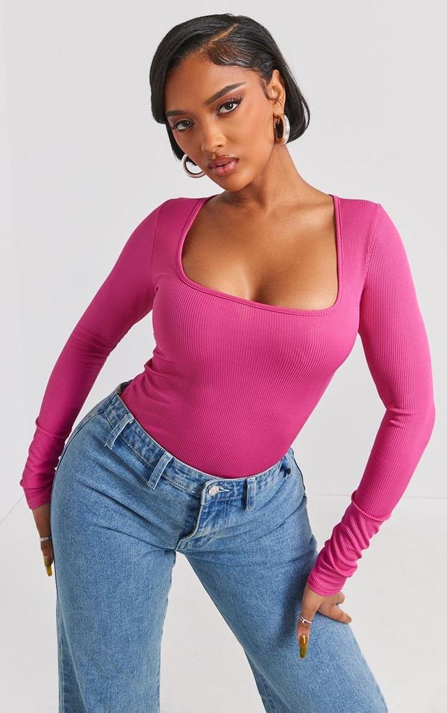 Shape Hot Pink Rib Long Sleeve Square Neck Bodysuit Product Image