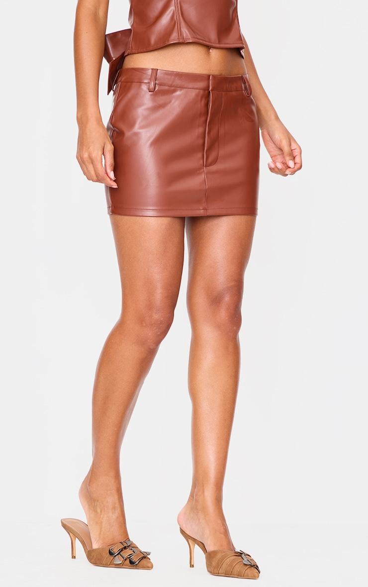 Chocolate Faux Leather Low Rise Mini Skirt Product Image