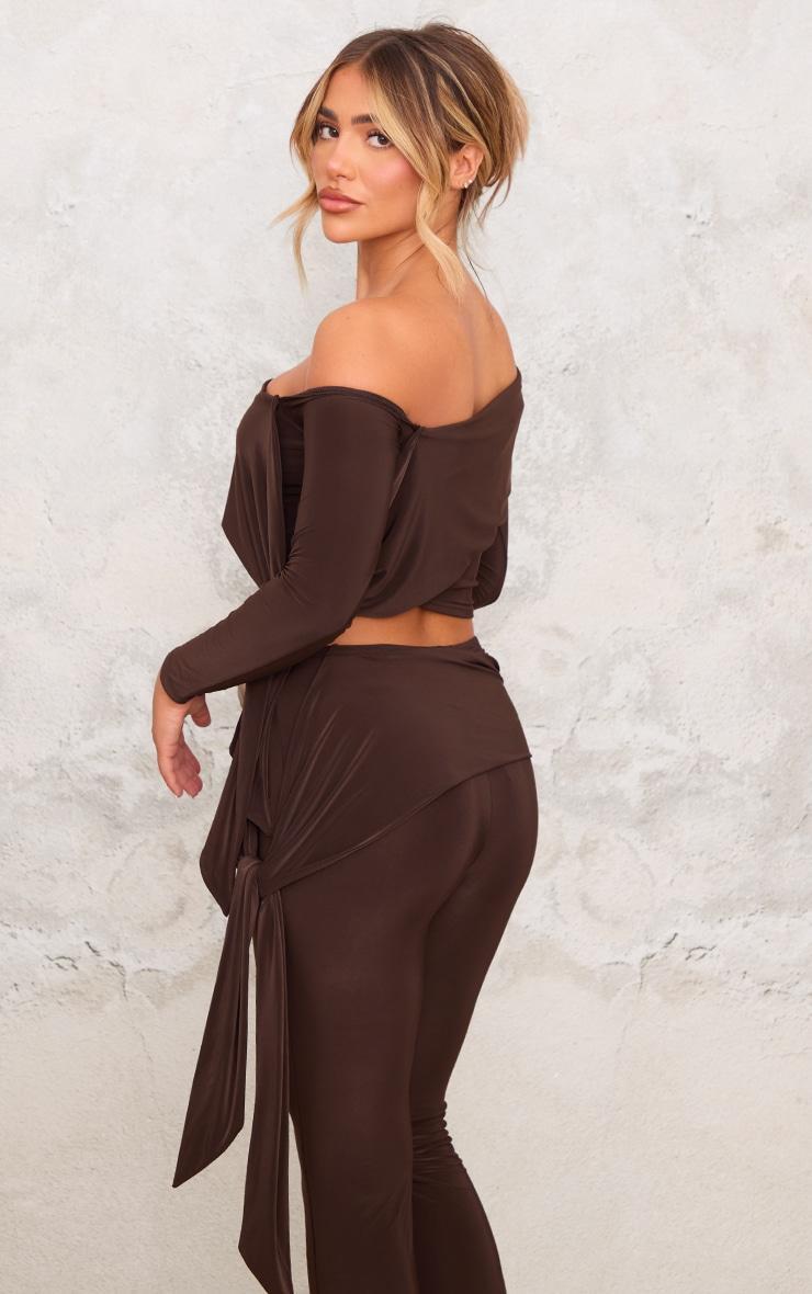 Chocolate Slinky Ruched Off The Shoulder Long Sleeve Top Product Image