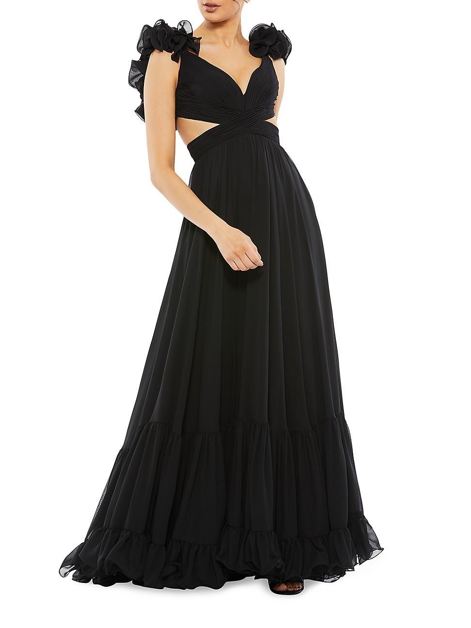 Ieena Mac Duggal Chiffon V-Neck Sleeveless Cut-Out Strappy Back Detail Tiered Ruffle Hem Gown Product Image