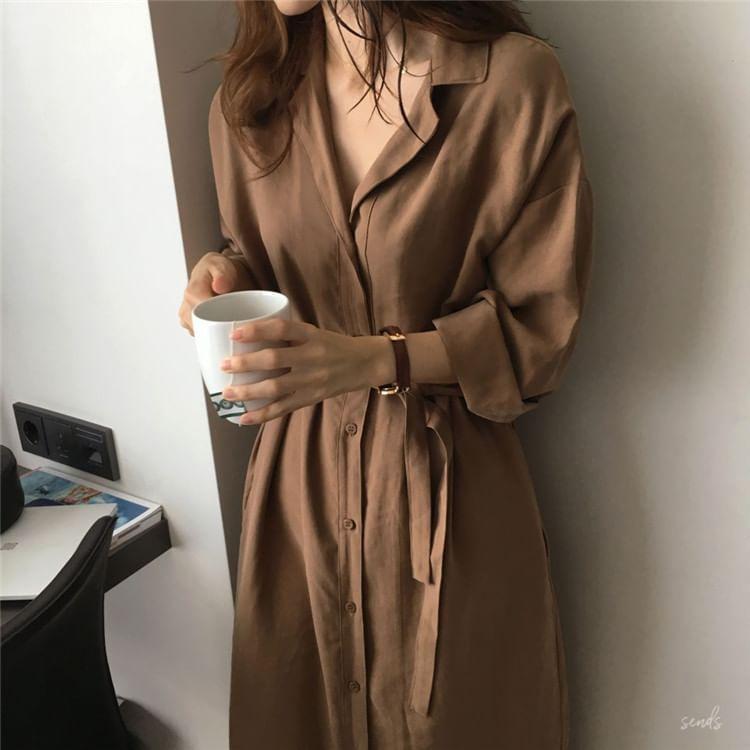 Long Sleeve Lapel Collar Plain Buttoned Midi Shirt Dress Product Image