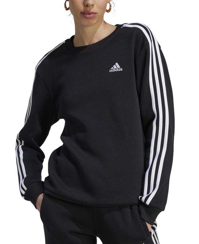 adidas Womens 3-Stripe Cotton Fleece Crewneck Sweatshirt - Black Product Image