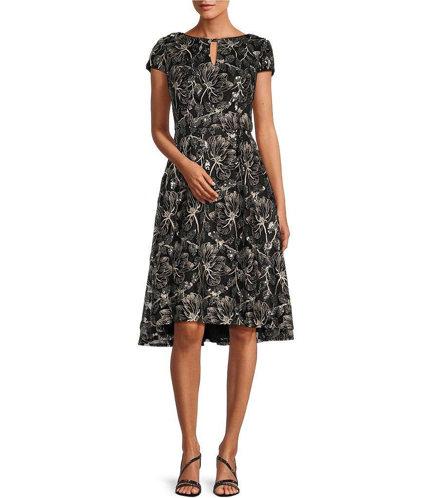 Alex Evenings Stretch Sequin Floral Print Cap Sleeve Keyhole Boat Neck High-Low Fit And Flare Dress Product Image