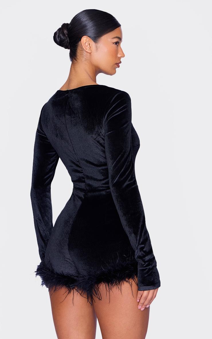 Black Velvet Long Sleeve Feather Trim Romper Product Image