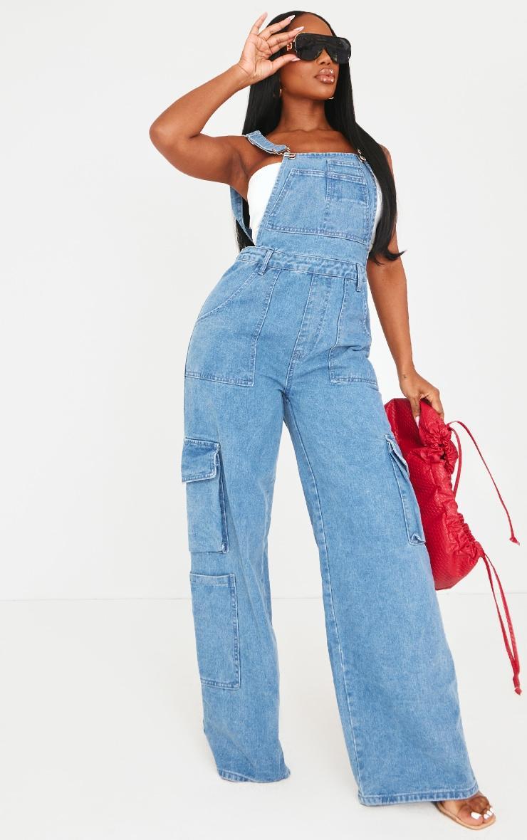 Shape Mid Blue Wash Denim Cargo Pocket Dungarees Product Image