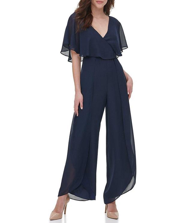 Kensie Chiffon V Neckline Ruffle Popover Sleeve Jumpsuit Product Image