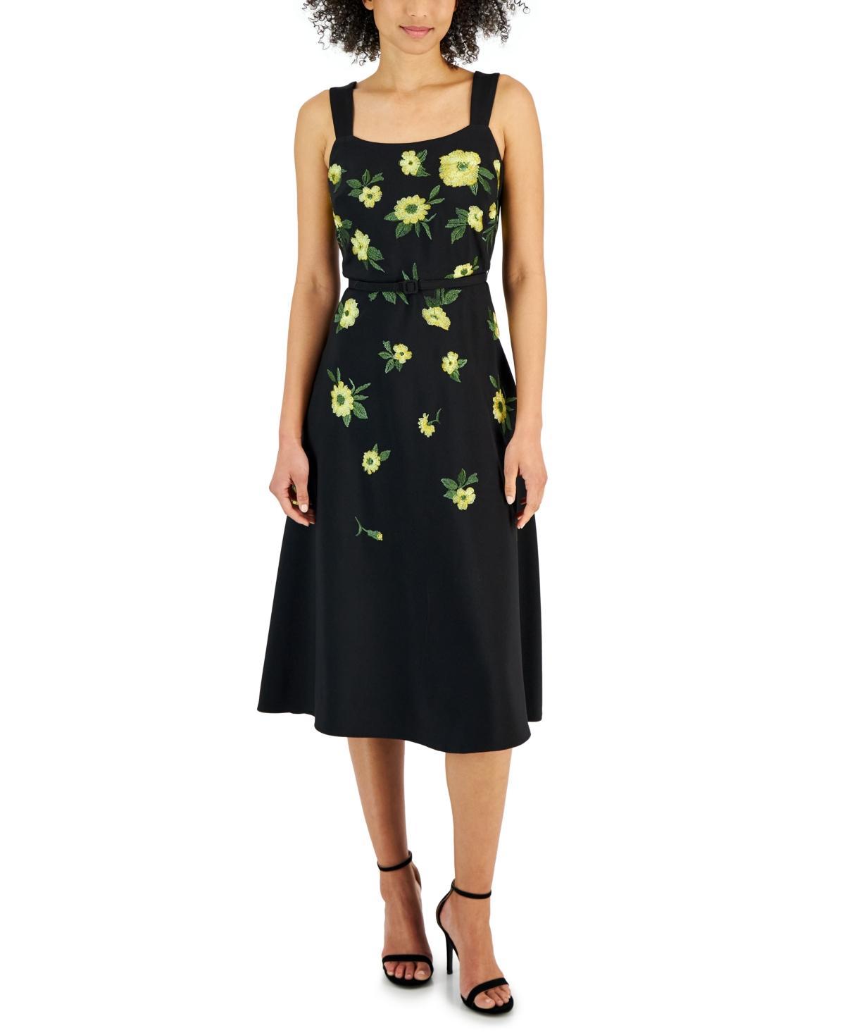 Women's Floral-Embroidered Belted Midi Dress Product Image