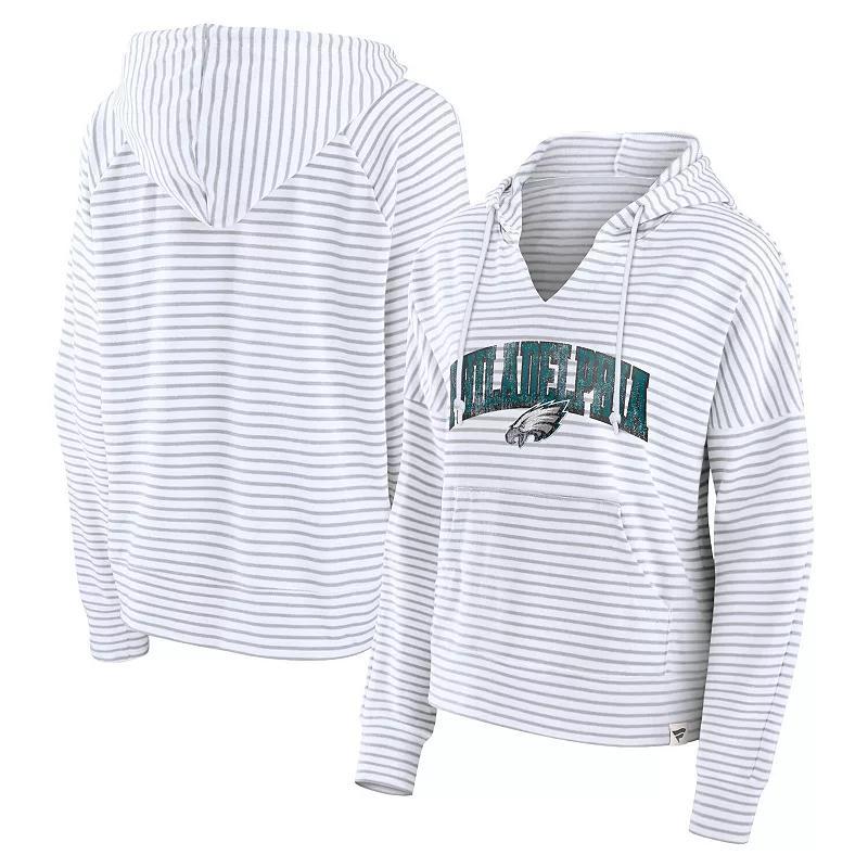 Fanatics Womens White Philadelphia Eagles Striped Notch Neck Pullover Hoodie - White, Gray Product Image