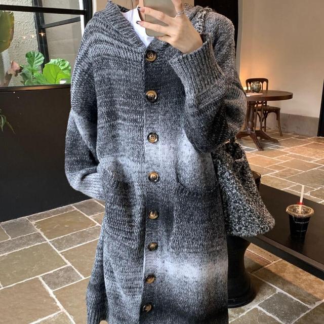 Gradient Hooded Button-Up Long Cardigan Product Image