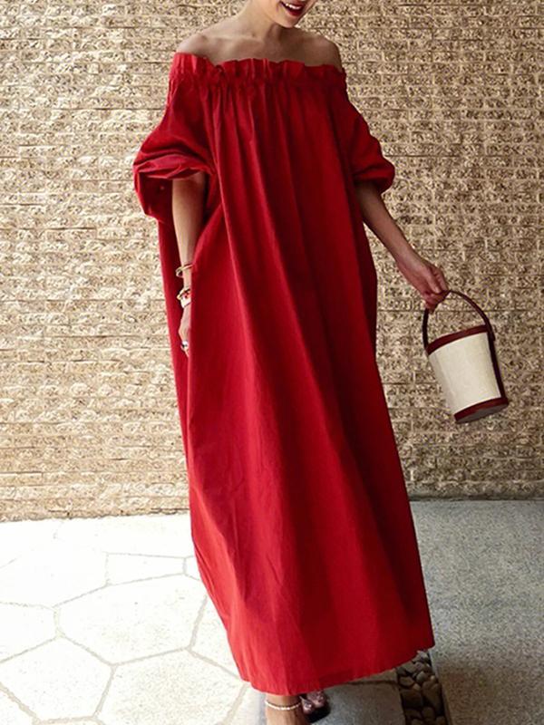 Half Sleeves Loose Elasticity Pleated Solid Color Off-The-Shoulder Maxi Dresses Product Image