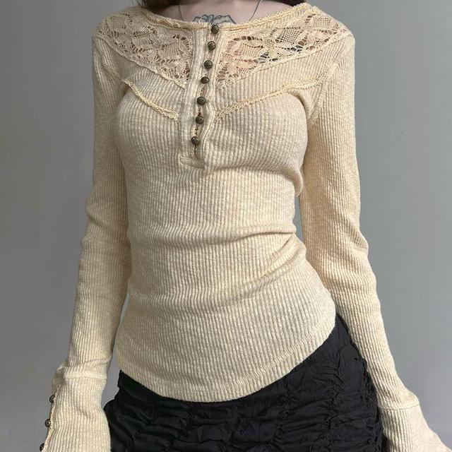 Bell-Sleeve Lace Panel Ribbed Knit Top Product Image