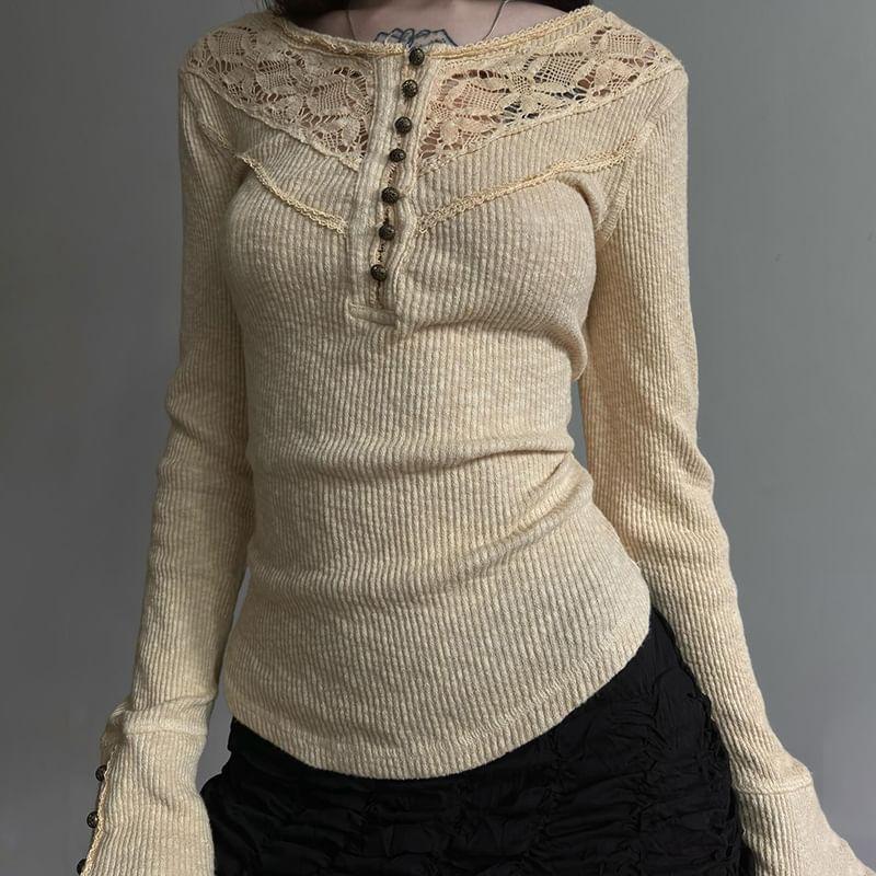 Long Sleeve V-Neck Lace Panel Ribbed-Knit Slim-Fit Top Product Image