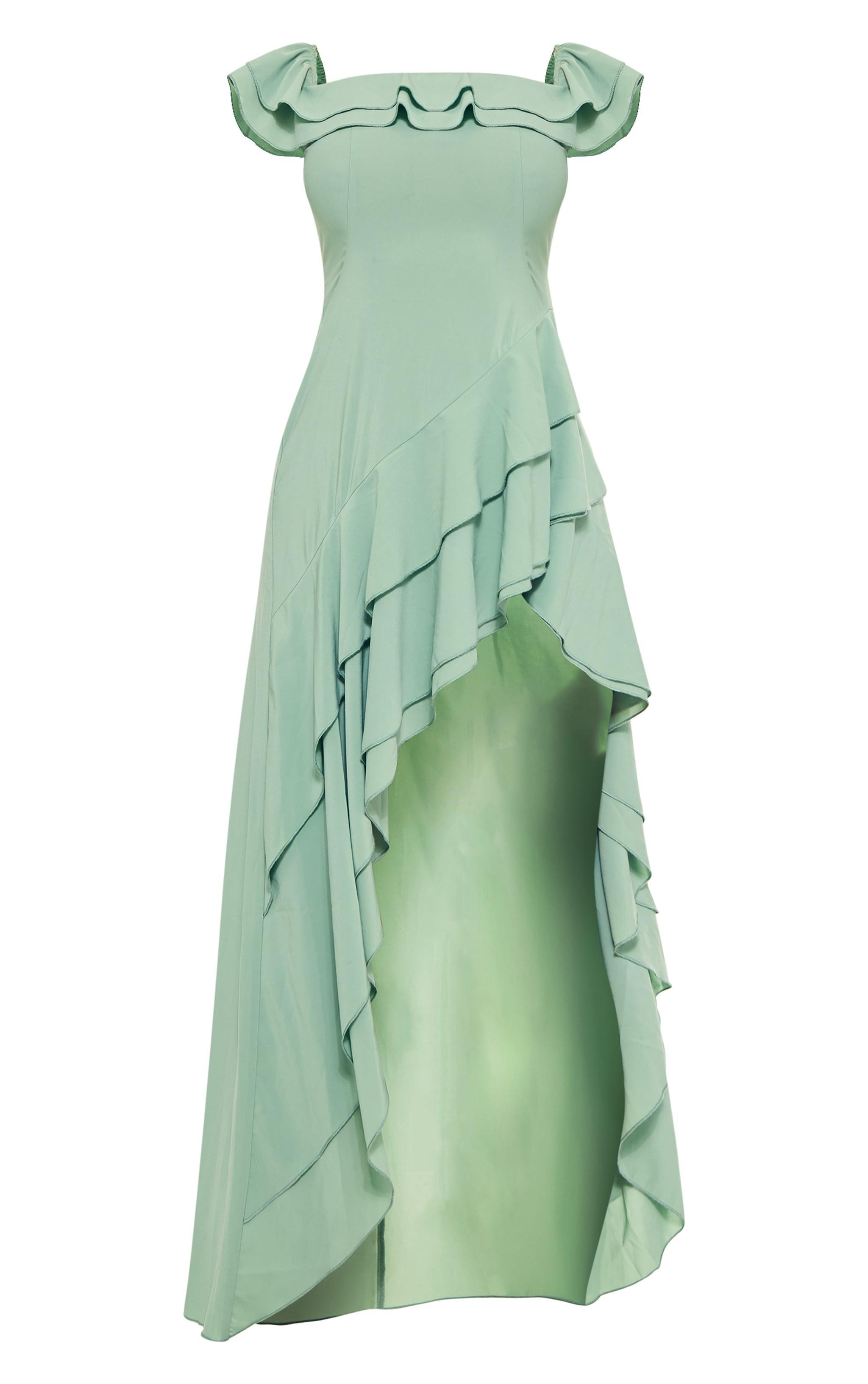 Sage Green Bardot Ruffle Detail Midi Dress Product Image