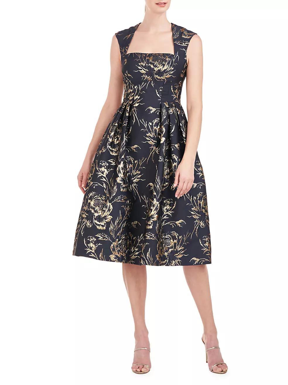 Calista Metallic Rose Jacquard Midi-Dress Product Image