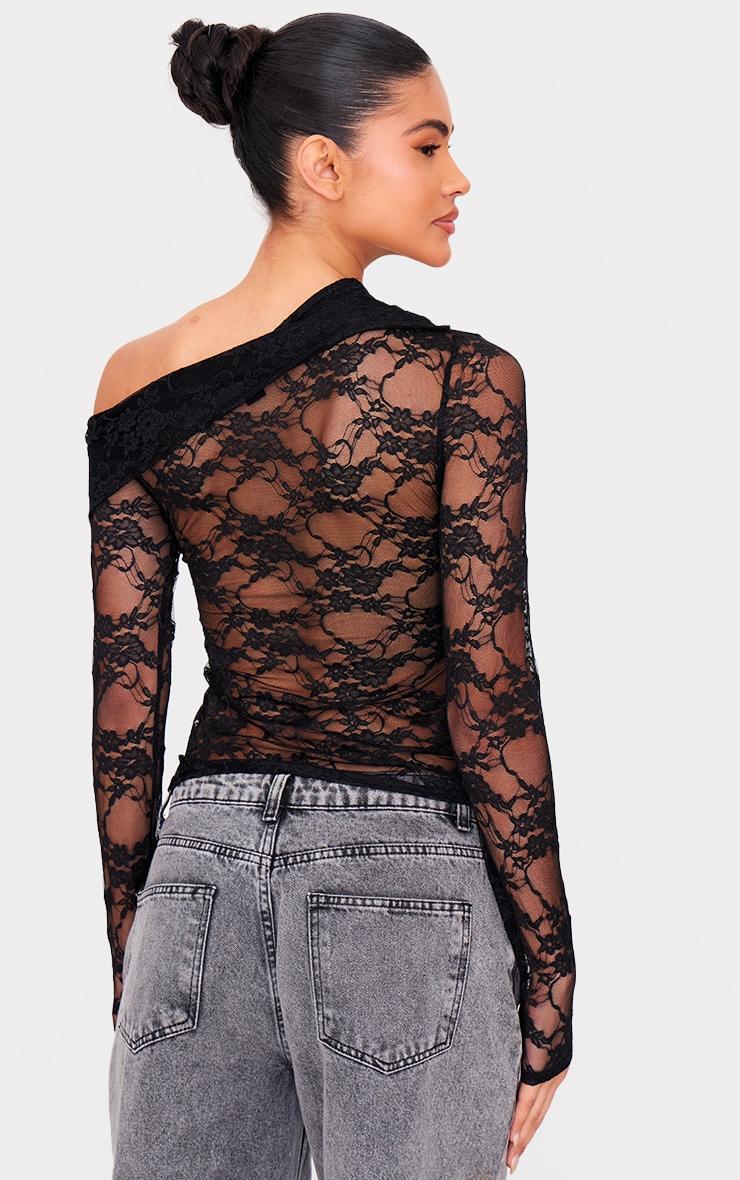 Black Asymmetric Lace Detail Long Sleeve Top Product Image