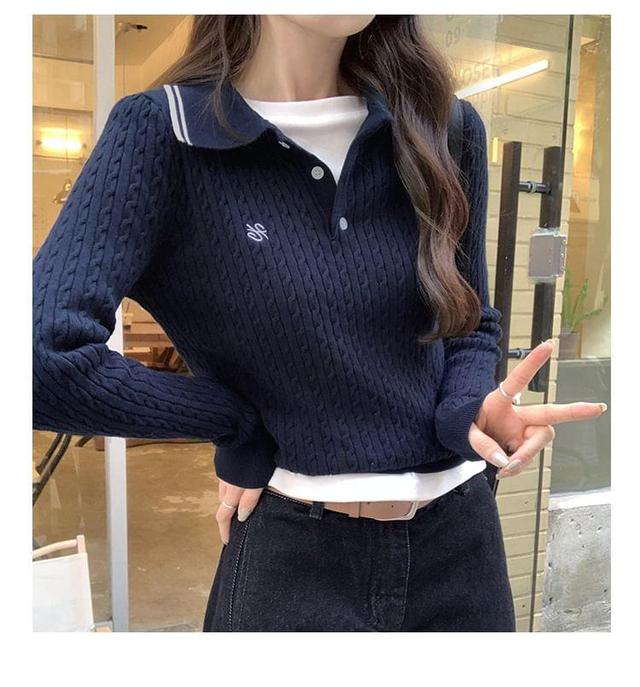 Collar Letter Embroidered Cable-Knit Sweater Product Image